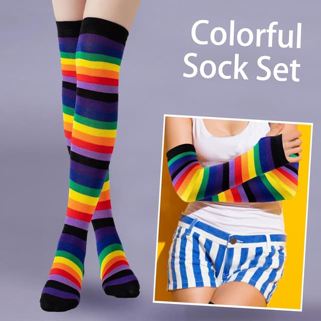 Detalle de CWENDANER Regenbogen High Overknee Strümpfe Damen/Mädchen mit fingerlosen Handschuhen-Set