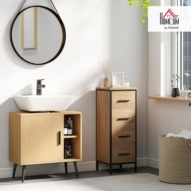 Detalle 2 de HOMCOM Meuble sous lavabo salle de bain industriel en chêne (60 x 30 x 59,5 cm) avec porte à fermeture progressive