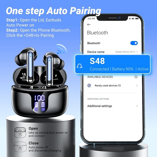 Detalle de Wireless Earbuds Bluetooth 5.4 In-Ear Headphones with 4 ENC Mic, 42h Playtime & IP6 Waterproof (Black) — S48-style earbuds