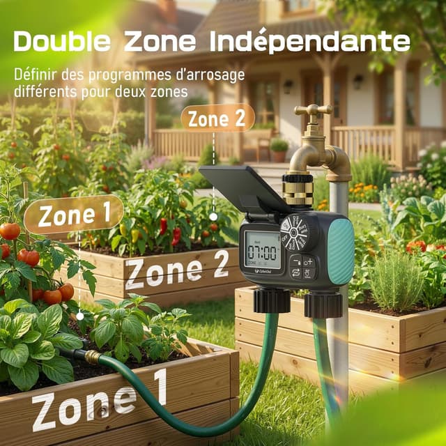 Detalle 2 de Programmateur d’arrosage solaire CyberOrd 2 zones avec minuterie, modes auto/manuel et délai de pluie