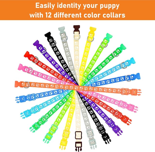 Detalle 2 de GAMUDA Puppy Whelping Collar Set – Soft Nylon Adjustable ID Bands with Paw Print Pattern, Safety Buckle & Record Charts