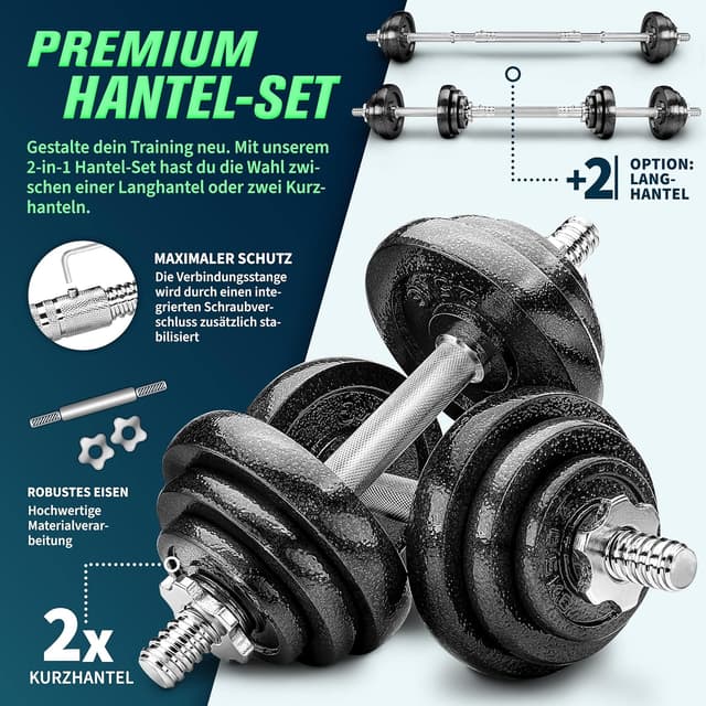 Detalle de RE:SPORT 2-in-1 Hantelset 15–60 kg (Gusseisen) – Kurzhantel & Langhantel mit Verbindungsrohr