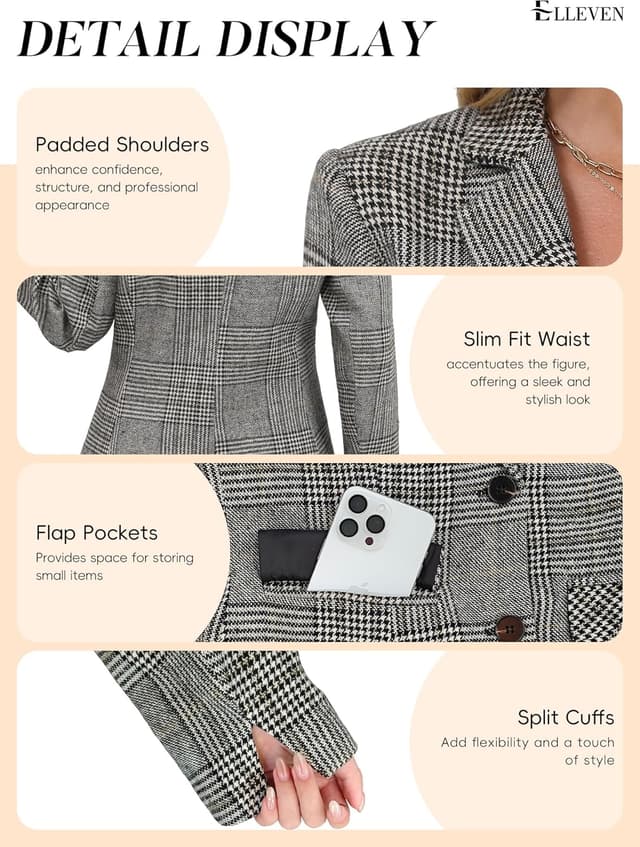 Thumbnail 4 de ELLEVEN Women's Plaid Lapel Blazer with 2 Buttons