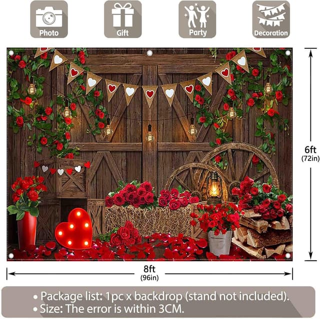 Detalle de Luminora Fabric 8x6ft Valentine’s Day Rustic Wooden Barn Photo Backdrop (Red Rose House)