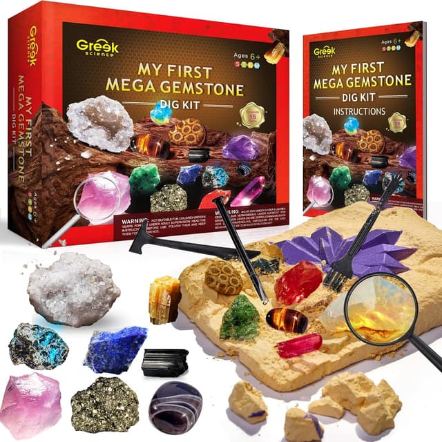 Detalle de Greek Science „Mein erstes Mega“ Ausgrabungsset mit 15 echten Kristallen & Edelsteinen für Kinder