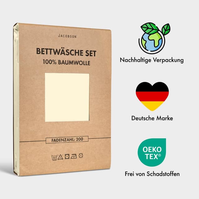 Thumbnail 6 de JACOBSON Bettwäsche-Set 135x200 (Perkal, 100% Baumwolle) mit Kissenbezug 80x80, 2-teilig, Natur