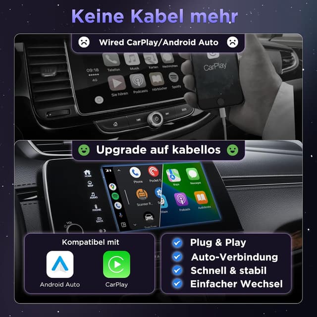 Detalle de MSXTTLY U2AC-01 Wireless CarPlay & Android Auto Adapter (U2AC-01) – kabellos per USB, schwarz