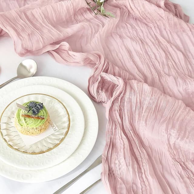 Detalle 2 de Käsetuch Tischläufer Rosa (Boho Gaze) 300 x 90 cm – Läufer für Hochzeit, Babyparty & mehr