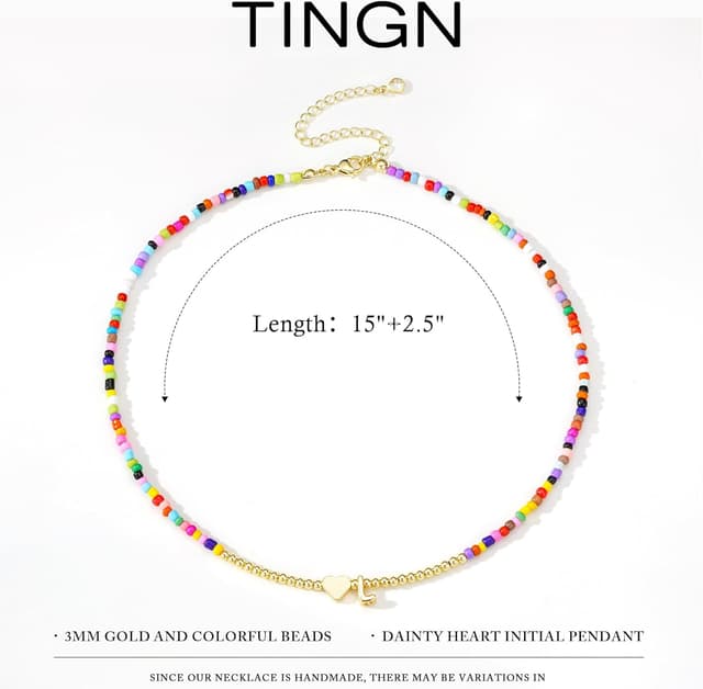 Detalle de TINGN Collier de perles colorées fait main pour femme et fille, cœur en pendentif