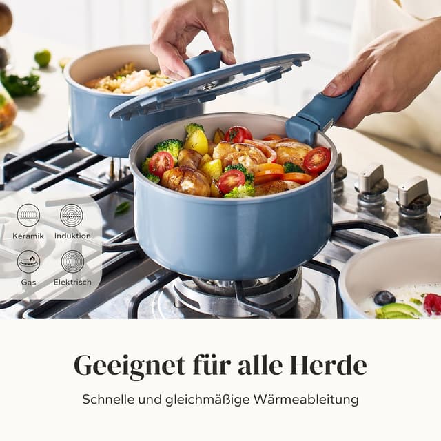 Detalle 2 de Redchef Topf-Set mit abnehmbaren Griffen (16/18/20 cm) & 3-in-1 Verschlussdeckel, Antihaft-Keramik, blau