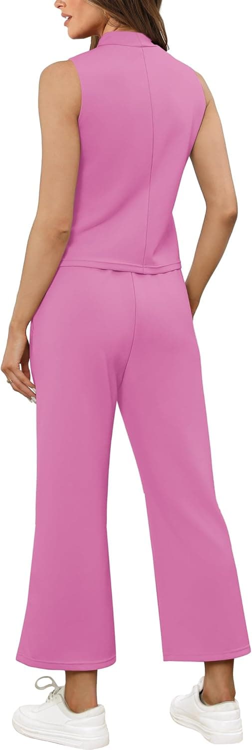 Detalle de SAMPEEL Two-Piece Women’s Summer Lounge Set with Mock Neck Top & Wide-Leg Crop Pants