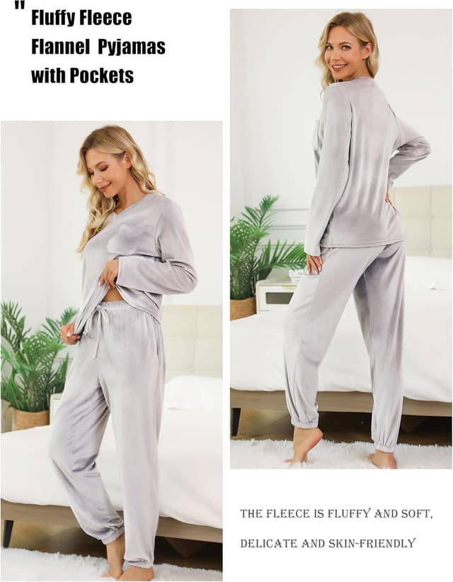 Detalle de Lovasy Women’s Fleece Pyjamas Set with Pockets – warm, fluffy two-piece loungewear for winter