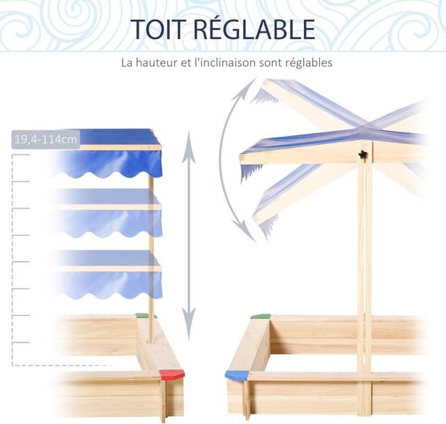 Detalle de Outsunny Bac à sable en bois carré avec couvercle et toit réglable 1,2 m (1,2L x 1,2l x 1,2H)