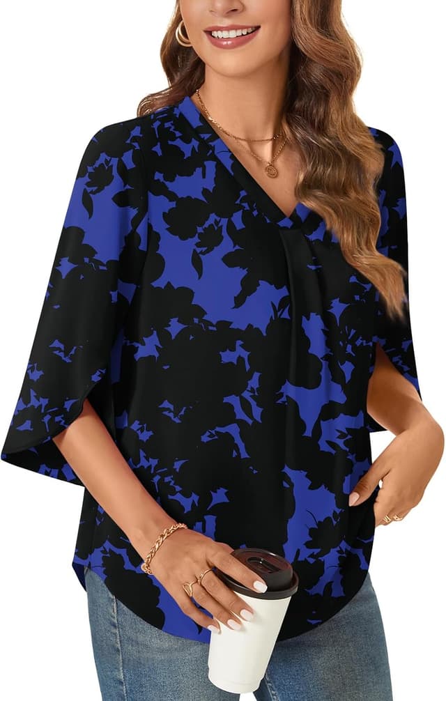Detalle de Aodemo women’s chiffon blouse tunic with V-neck, 3/4 sleeves and pleated front detail