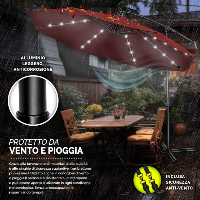 Detalle de Tillvex Ombrellone da giardino LED solare Ø300 cm con manovella e base impermeabile