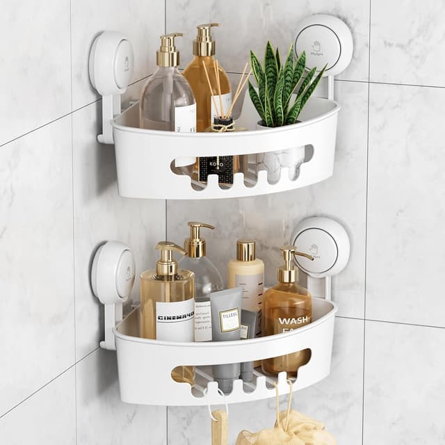 Detalle de LEVERLOC Corner Shower Caddy Suction Cup 2 Pack (Triangle Shelf, No Drilling) – White