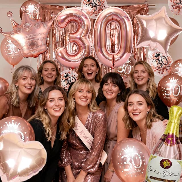 Detalle 2 de Deko-Set zum 30. Geburtstag für Frauen „Rosegold“ – Luftballons, Happy-Birthday-Banner & Schärpe