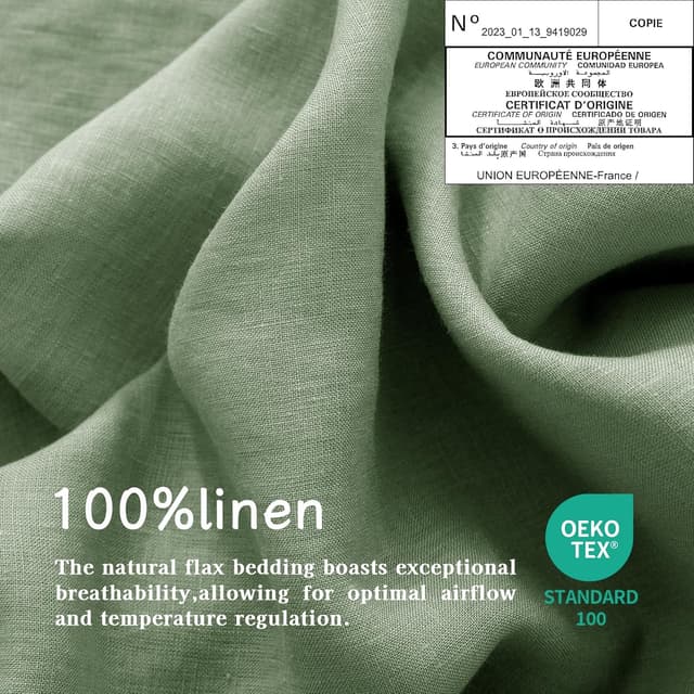 Detalle de EVERLY Queen Linen Sheets Set (4-Piece) in Sage Green — 100% French Stonewash Pure Linen