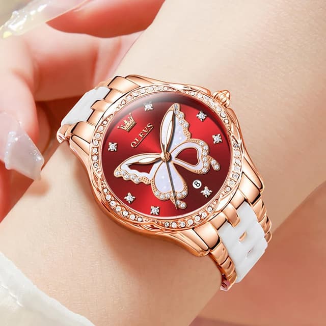 Detalle 2 de OLEVS Damen Diamantuhr Roségold Keramikglas 41mm