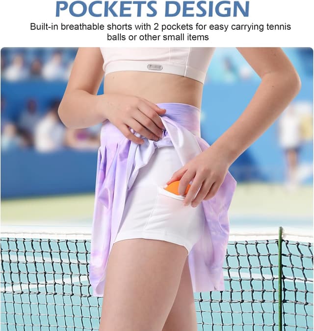 Detalle de Bezioner Girls Tennis Skirt with Shorts (Golf Skort) – pleated skater mini with dual pockets