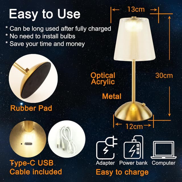 Detalle de Amingulry Cordless Table Lamp (Rechargeable, 3 Colour Modes & Stepless Dimmable Touch LED)