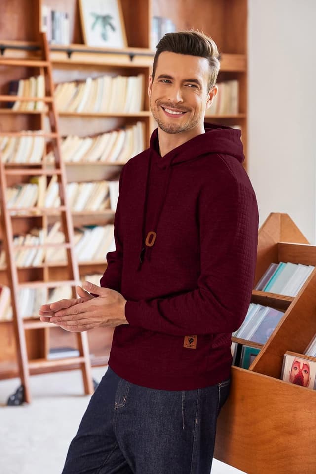 Detalle 2 de COOFANDY felpa da uomo con cappuccio jacquard a quadri e coulisse regolabile