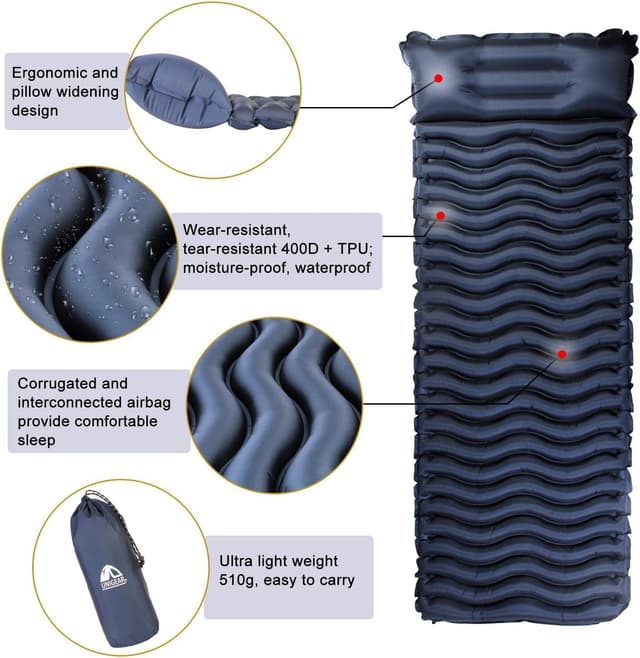 Detalle de Unigear Materassino da Campeggio gonfiabile ultraleggero in nylon 40D e TPU per trekking, zaino in spalla e campeggio