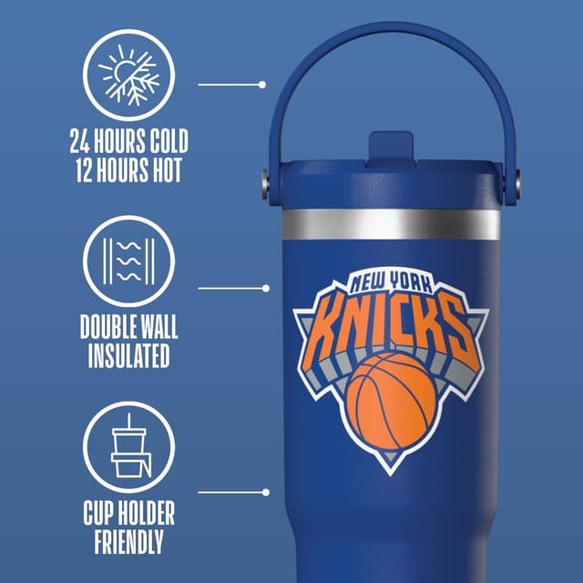Detalle de Hydrapeak x NBA New York Knicks 32oz Nomad Stainless Steel Tumbler with Handle, Lid & Straw (Official Licensed)