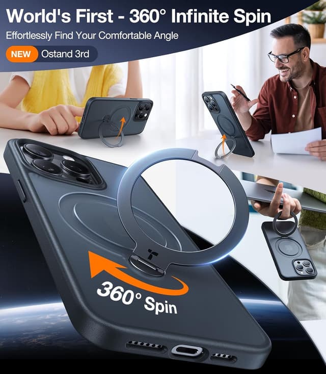 Detalle de TORRAS Ostand Spin 360° Magnetic Stand Case for iPhone 15 Pro (MagSafe-compatible, Spin-Black)