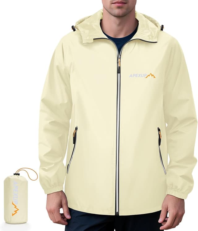 Detalle de APEXUP Packable Rain Jacket Men with Reflective Zipper — Lightweight Waterproof Raincoat