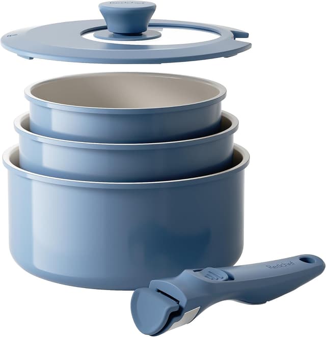 Detalle de Redchef Topf-Set mit abnehmbaren Griffen (16/18/20 cm) & 3-in-1 Verschlussdeckel, Antihaft-Keramik, blau