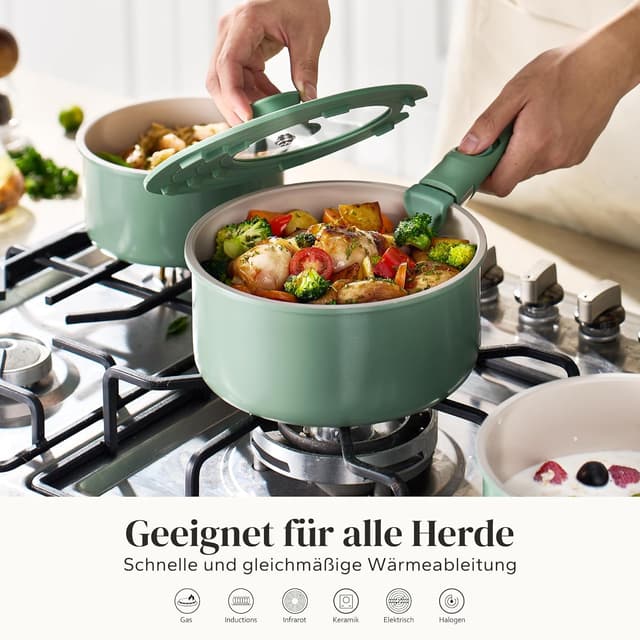 Detalle de Redchef Töpfe-Set mit abnehmbaren Griffen (16/18/20 cm) + 3-in-1 Deckel für Induktion & weitere Herdarten – grün