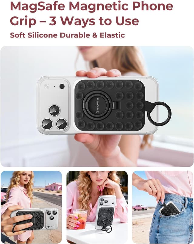 Detalle 2 de Syncwire Magnetic Suction Phone Mount for MagSafe (Midnight Black) with Silicone Octo Cup Grip Ring