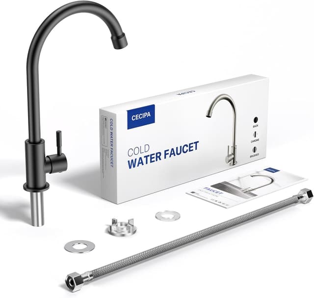 Detalle 2 de CECIPA Wasserhahn nur für Kaltwasser Schwarz inkl. 60 cm Anschlussschlauch (Edelstahl-Muttern 304)