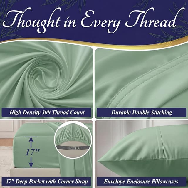 Detalle 1 de DECOLURE 100% Viscose Derived from Bamboo King Size Sheets (4-Piece) — Deep 17" Pockets, Sage Green