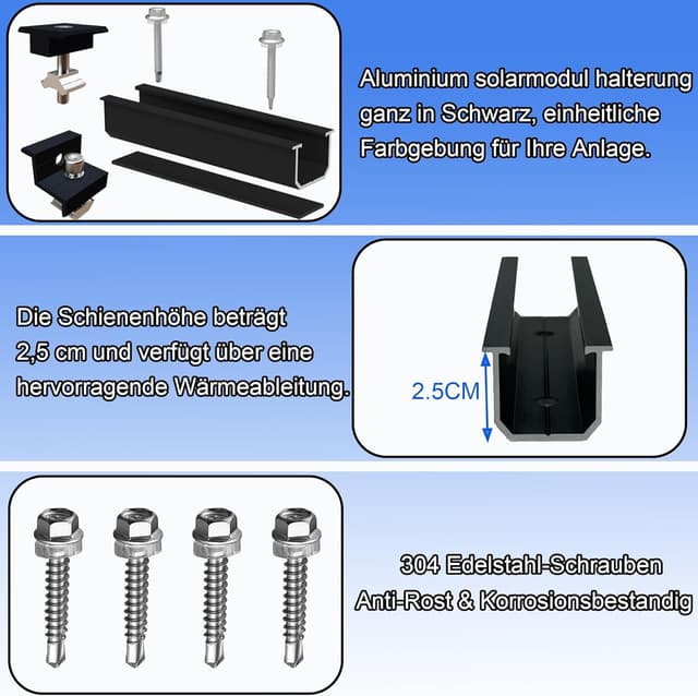 Detalle de Warmfay Solarmodul Halterung Montageset – schwarze 12 cm Aluprofile und verstellbare Klemmen für 1 Modul (30–35 mm) am Flachdach