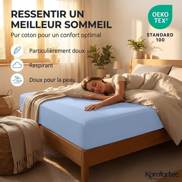 Detalle de Komfortec Drap-housse en jersey 100% coton 90 x 200 cm – bleu clair