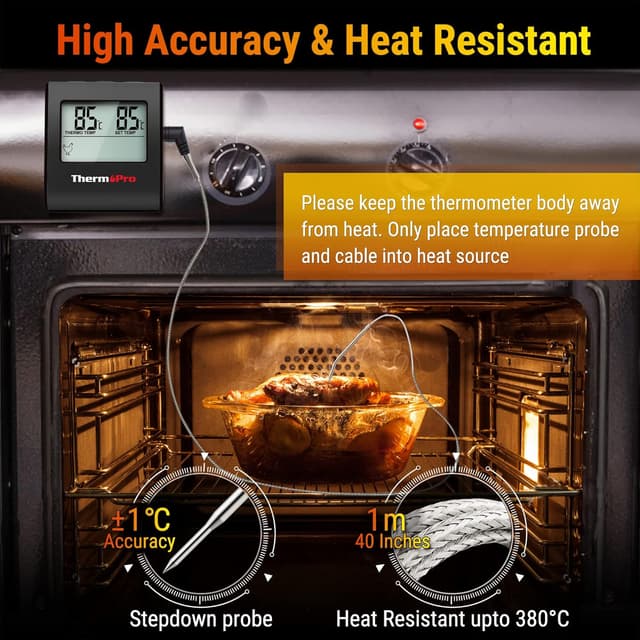 Detalle 2 de ThermoPro TP16B termometro da cucina digitale con ampio display LCD, timer e sensore in acciaio inox