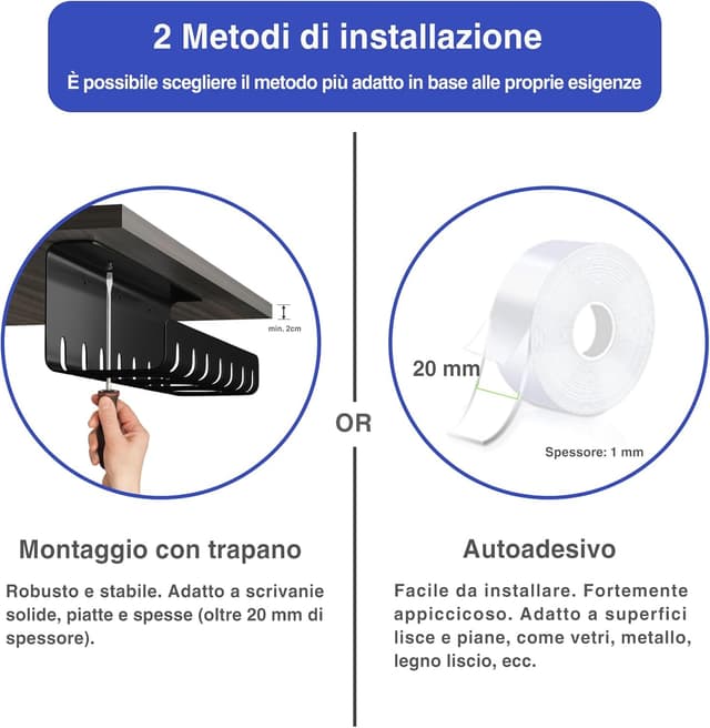 Detalle de HOMMAND Raccogli Cavi Scrivania, 2 pezzi sotto scrivania con canalina e accessori per organizzare i cavi