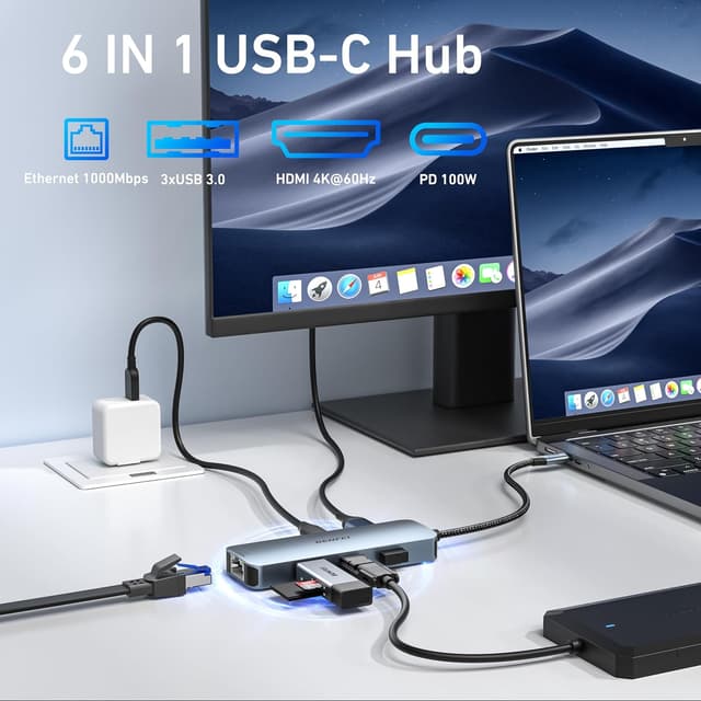 Detalle de BENFEI 6in1 USB‑C Hub mit HDMI (4K@60Hz), Gigabit Ethernet und 100W PD – 3× USB‑A (5 Gbps)