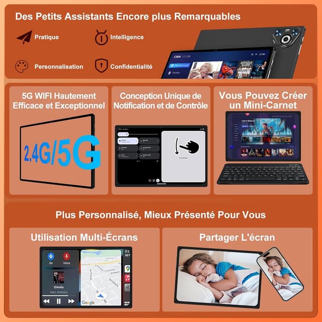 Detalle de Dghrti 2026 Tablette Android 15 10" IPS (30 Go RAM/128 Go + 2 To) avec clavier et souris, noir