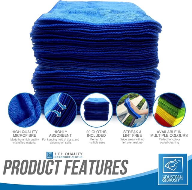 Detalle de TDBS The Dustpan and Brush Store Large Microfibre Cleaning Cloth (40x40cm), Lint-Free, Blue (20 pack)