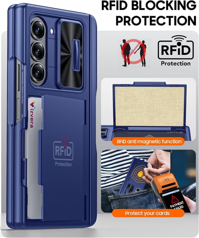 Detalle de Vizvera Galaxy Z Fold 6 Case (Blue) with RFID card holder, S Pen slot, sliding camera cover and screen protector