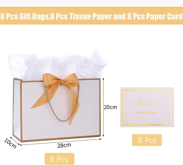 Detalle de Dimetey 8-Pack Metallic Paper Gift Bags with Handles, Bow Ribbon, Tissue & Card (White, 20 x 28 x 10cm)