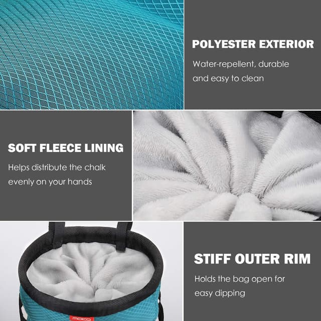 Detalle de MoKo Chalk Bag with Drawstring & Zip Pocket – water-resistant climbing chalk bucket