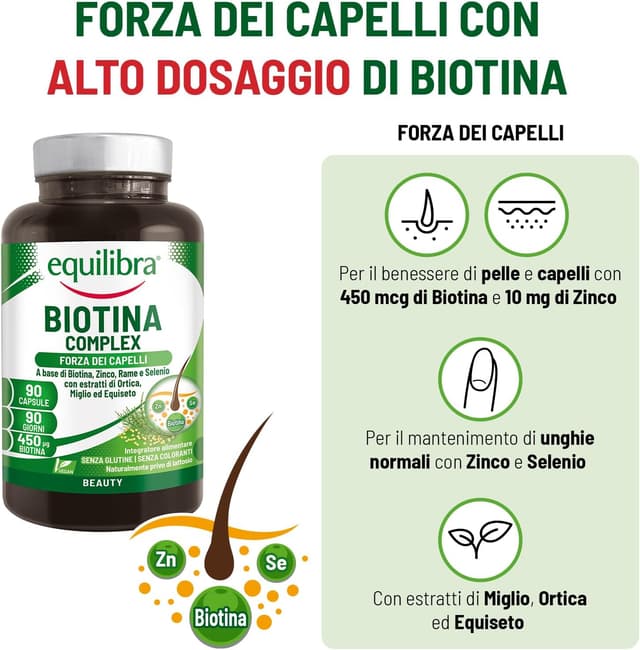 Detalle de Equilibra Integratori Alimentari Biotina Complex altodosato (90 capsule) – benessere di capelli, pelle e unghie