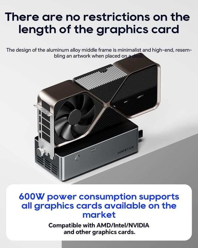 Detalle de AOOSTAR AG01 eGPU-Dockingstation mit Oculink-Anschluss und integriertem 800-W-Netzteil