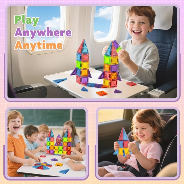 Detalle 2 de Mini Magnetic Tiles 56-piece travel magnetic building blocks with metal box (sensory construction toy for ages 3+)