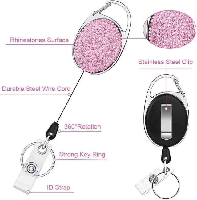 Detalle de Vicloon einziehbarer Schlüsselanhänger mit ID-Kartenhalter (3 Stück) – Ausweishalter mit Strass-Optik