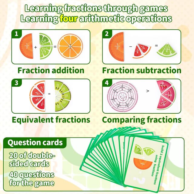 Detalle de Wooden Fruit Fractions Circles (91 pieces + 20 question cards) Montessori-style fractions maths game for ages 6+